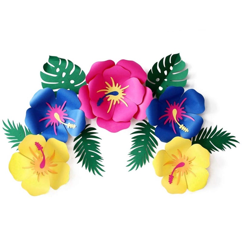 DomeStar Paper Flower Decorations, Luau Hibiscus and Tropical Leaves Multi-Colored Hibiscus Artificial Flowers Mexican Decorations for Hawaiian Party Aloha Party - Image 1